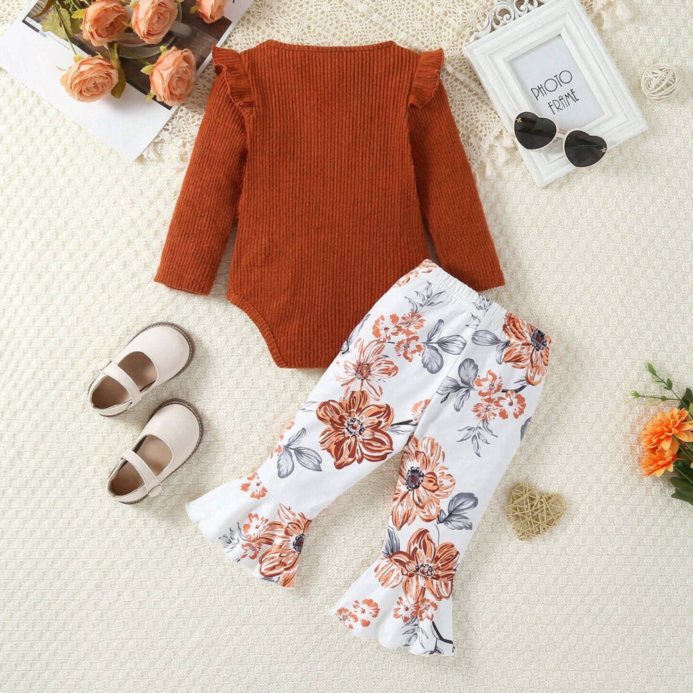 2PCS Charming Floral Print Bow Long Sleeve Baby Girl Set
