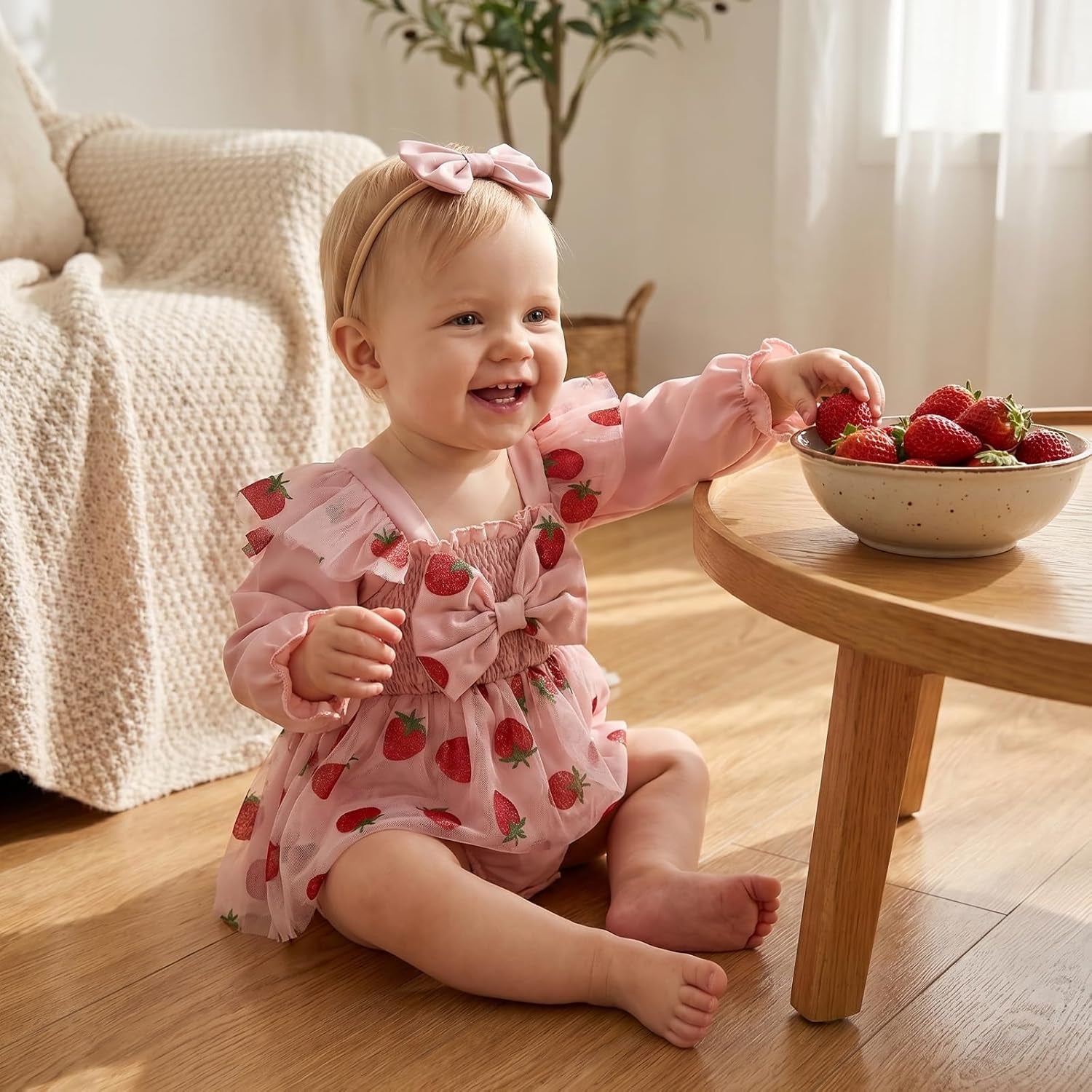 2PCS Pretty Strawberry Print Tulle Long Sleeve Baby Romper