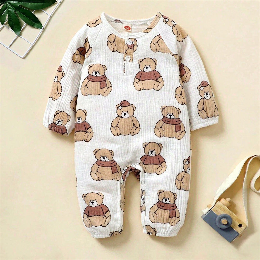 Casual Bear Print Long Sleeve Baby Jumpsuit