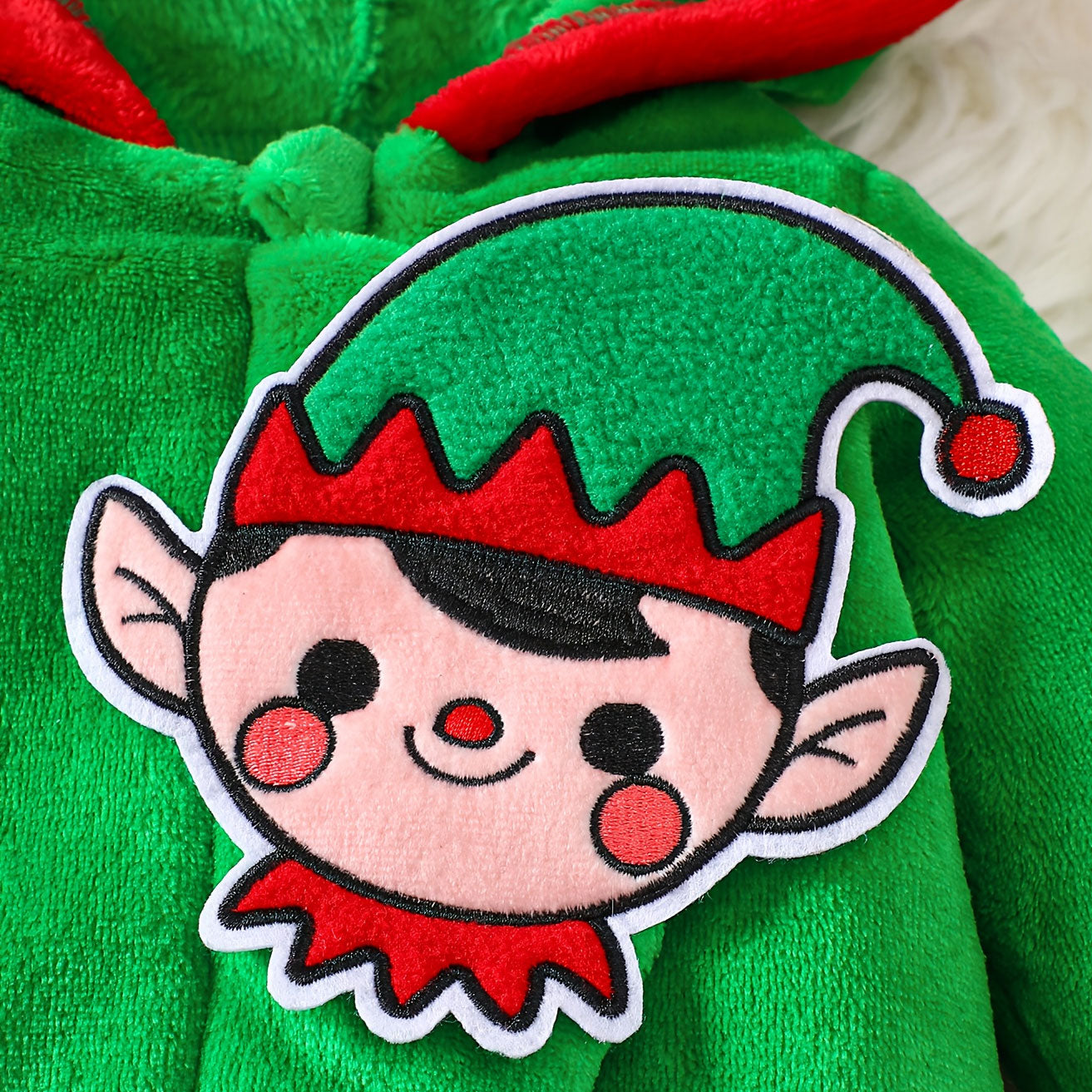 Christmas Elf Printed Zipper Long Sleeve Hoodie Fuzzy Baby Jumpsuit