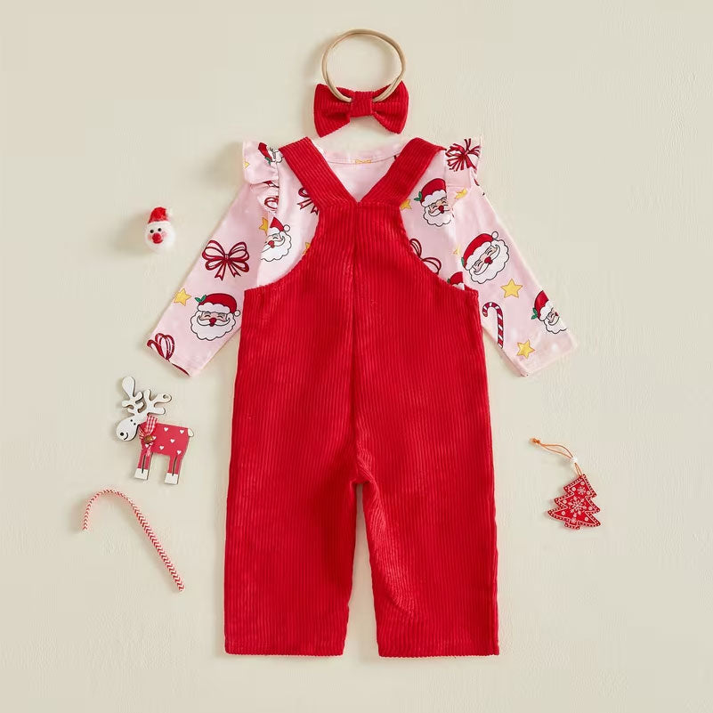 3PCS Letter Candy Cane Embroidery and Santa Print Baby Overalls Set