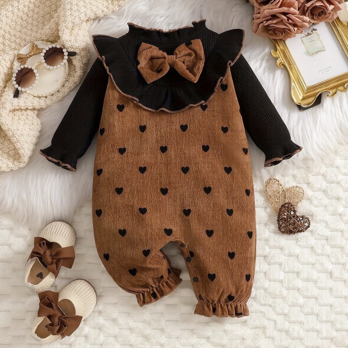 Pretty Heart Printed Bow Tie Long Sleeve Baby Girl Corduroy Jumpsuit