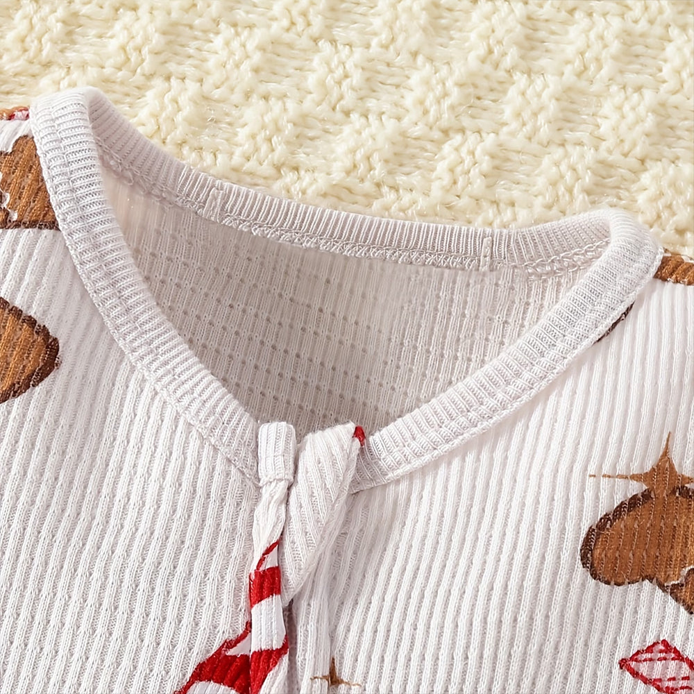 2PCS Gingerbread Candy Cane Print Long Sleeve Baby Zipper Jumpsuit