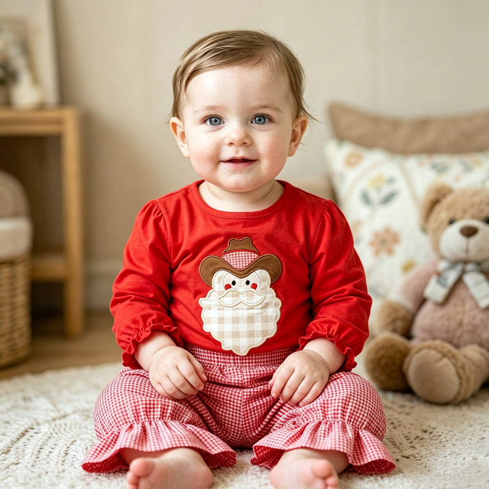 Adorable Christmas Santa Claus Applique Long Sleeve Baby Set
