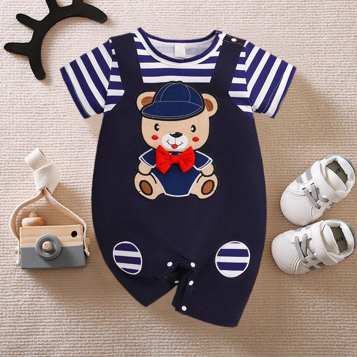 Stylish Casual Stripe Bear Printed Short Sleeve Baby Jumpsuit