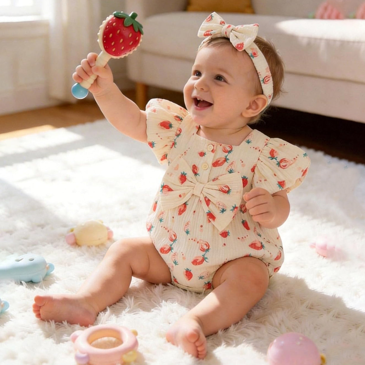 2PCS Cute Strawberry Print Bowknot Flutter Sleeve Baby Romper