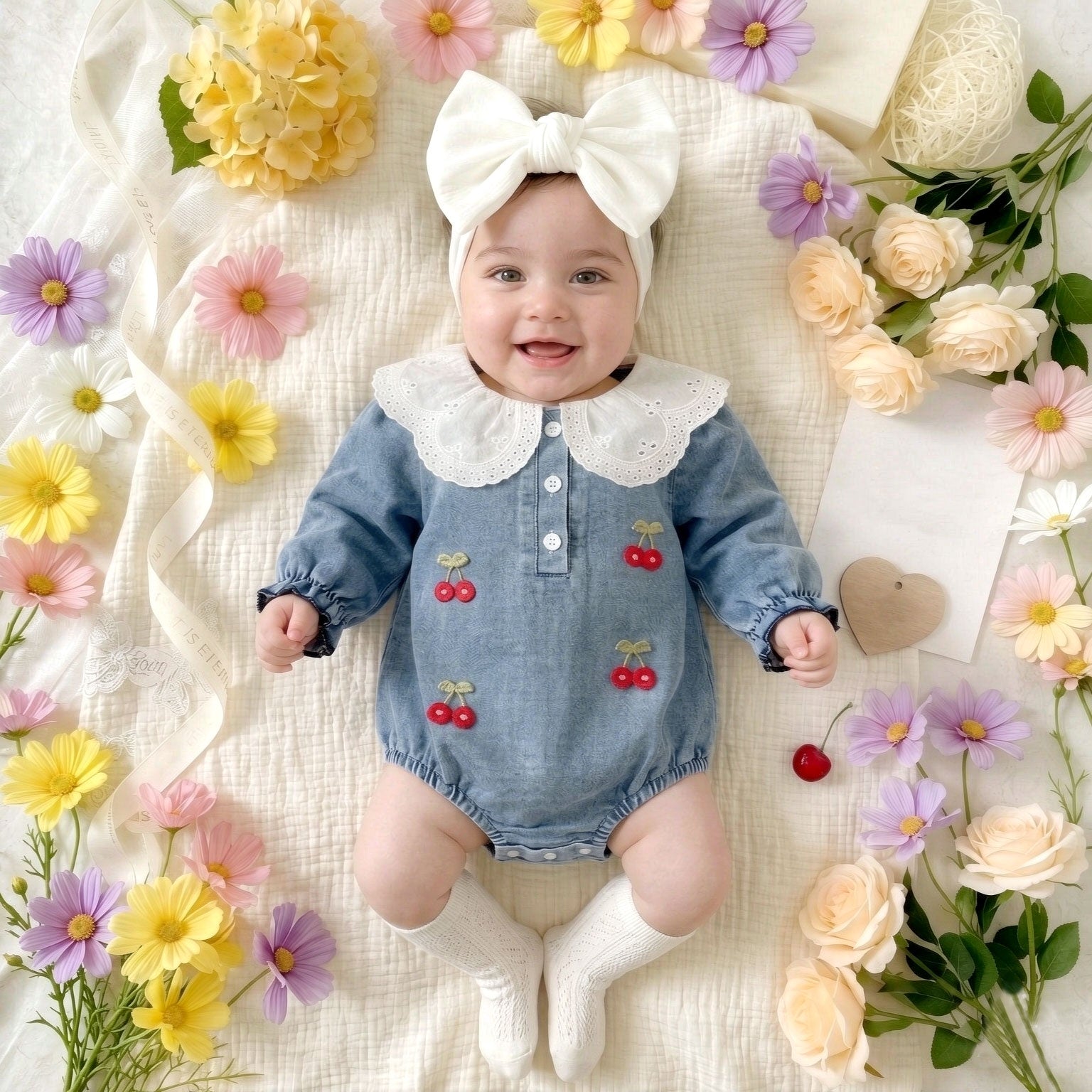 Cherry Embroidered Long Sleeve Ruffled Denim Baby Romper