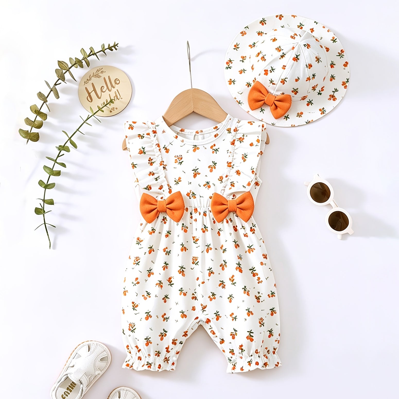 2PCS Lovely Floral Printed Flutter Sleeve Baby Jumpsuit