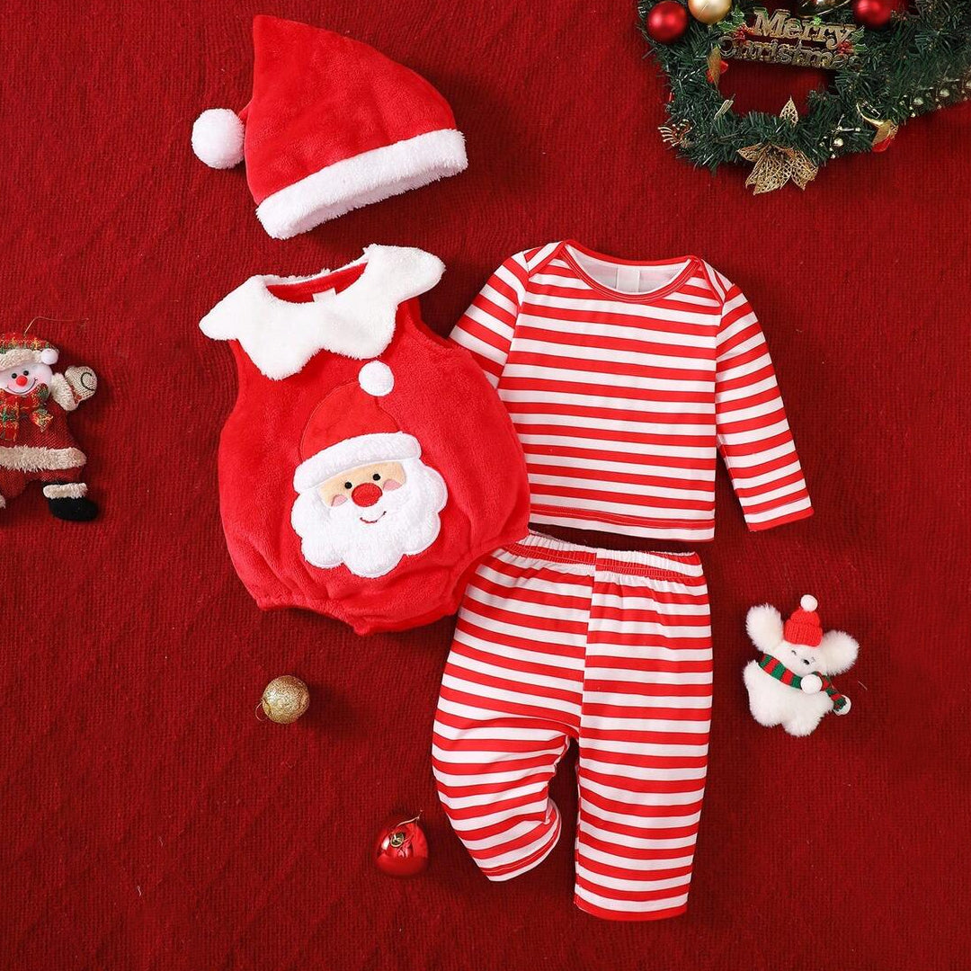 4PCS Lovely Santa Applique Stripe Print Long Sleeve Plush Baby Set