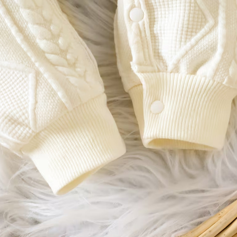 Cable Knit Rhombus Bear Embroidery Long Sleeve Baby Jumpsuit