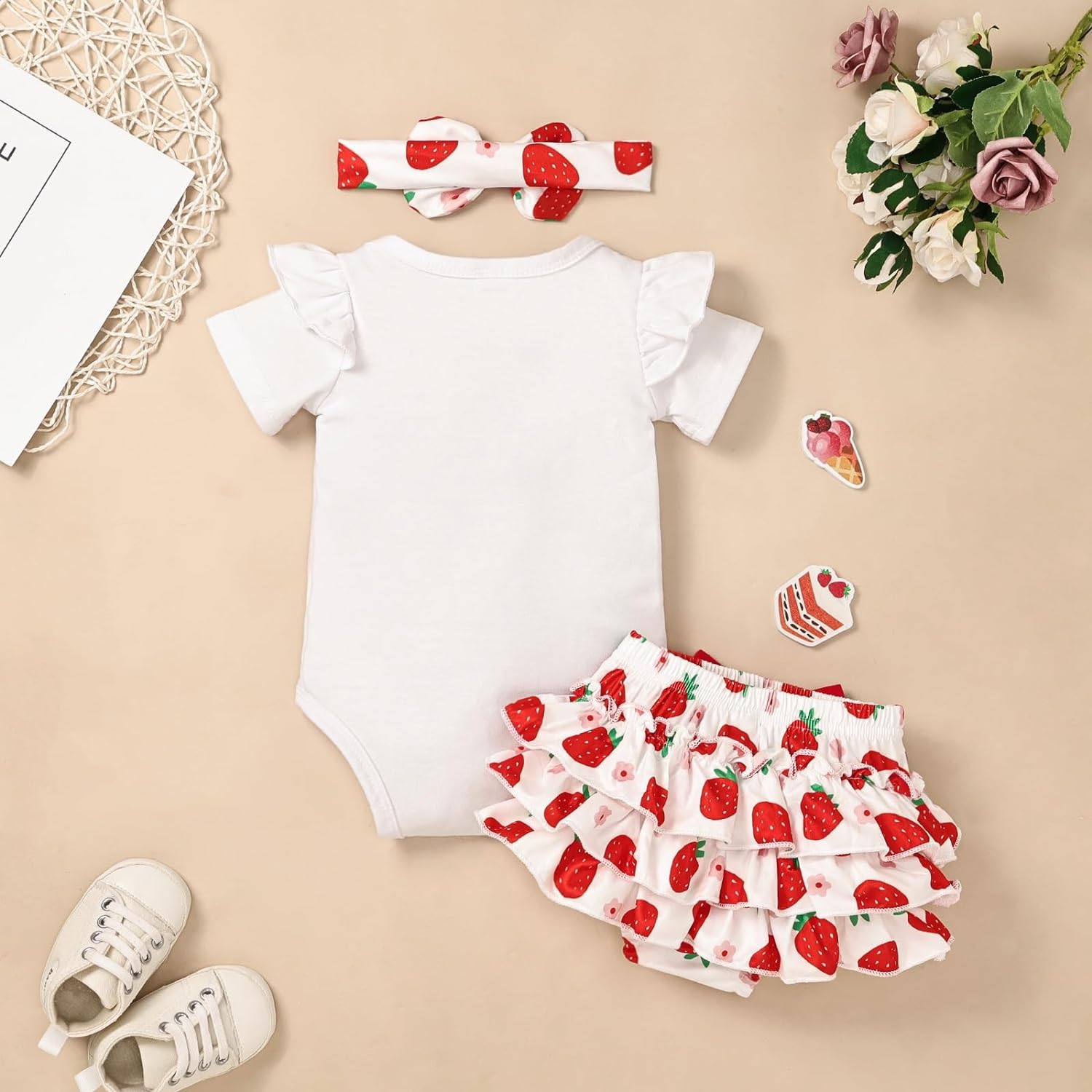 3PCS Lovely Strawberry Printed Short Sleeve Baby Set