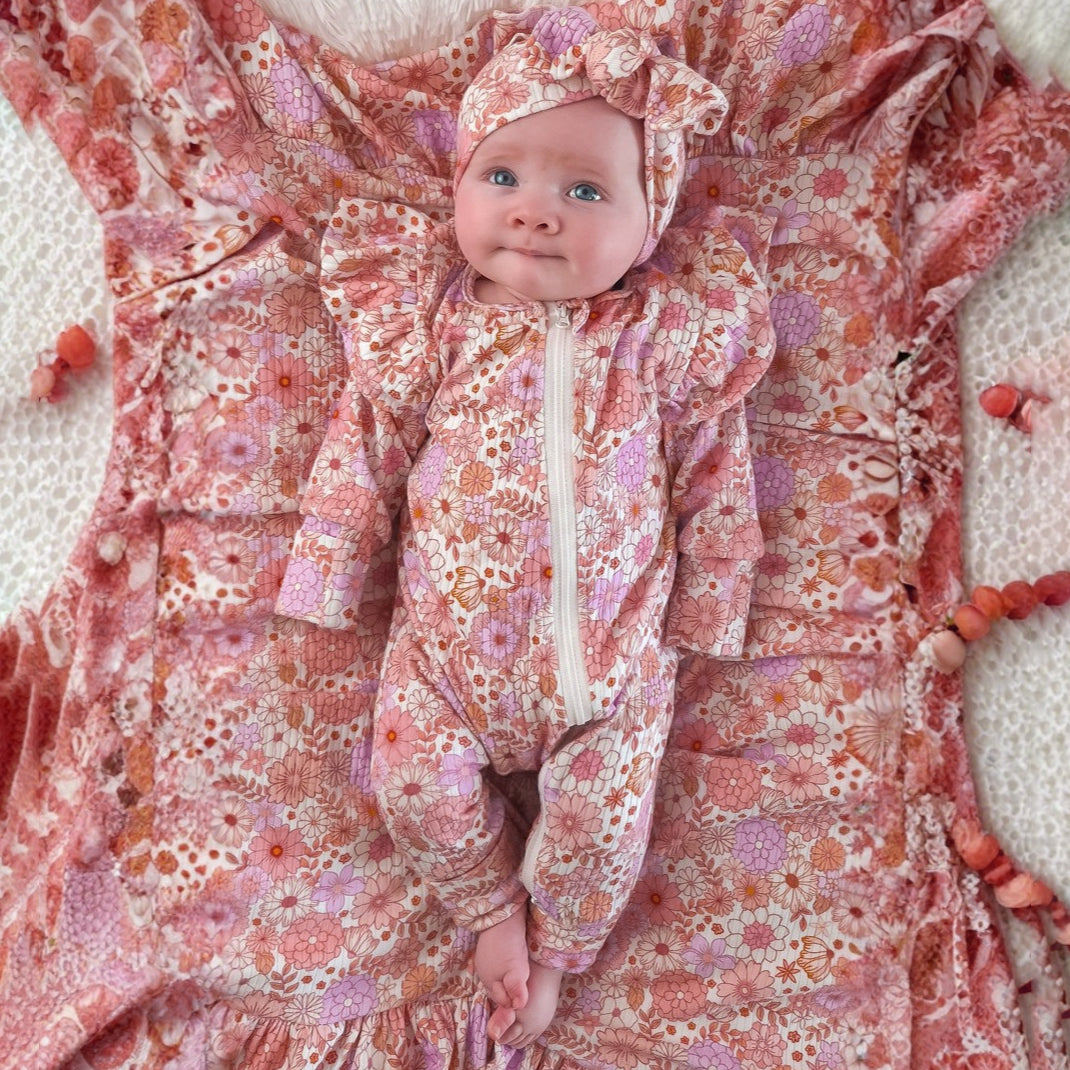 2PCS Charming Floral Print Ruffle Zipper Baby Jumpsuit