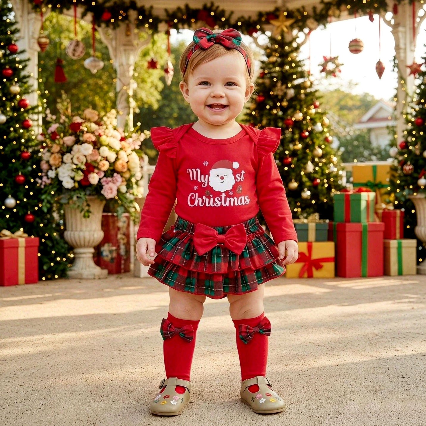4PCS My 1st Christmas Letter Plaid Santa Claus Print Baby Set