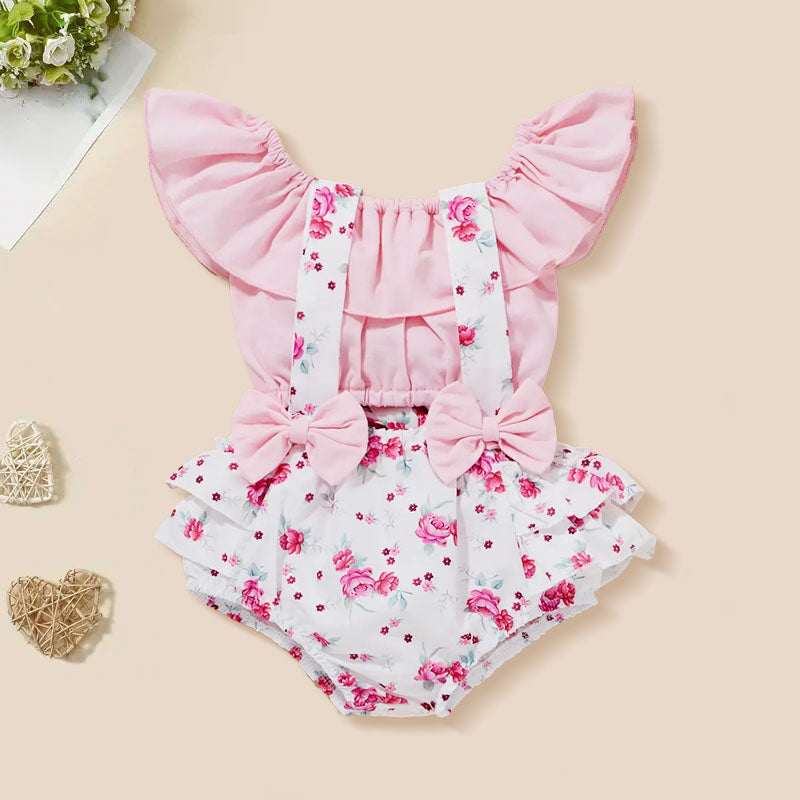 Sweet Floral Printed Bow Sleeveless Baby Romper