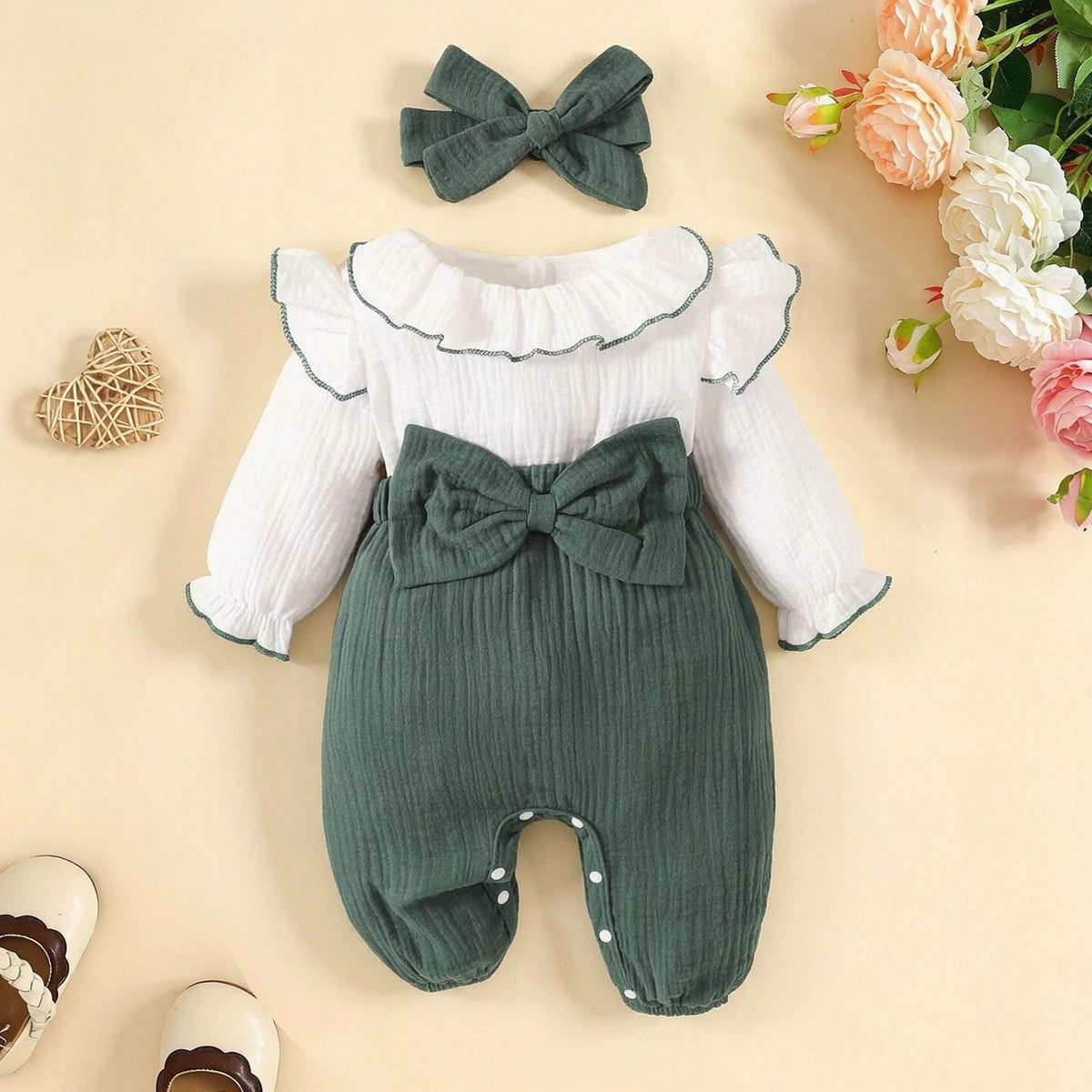 2PCS Sweet Color Block Bow Long Sleeve Baby Girl Jumpsuit