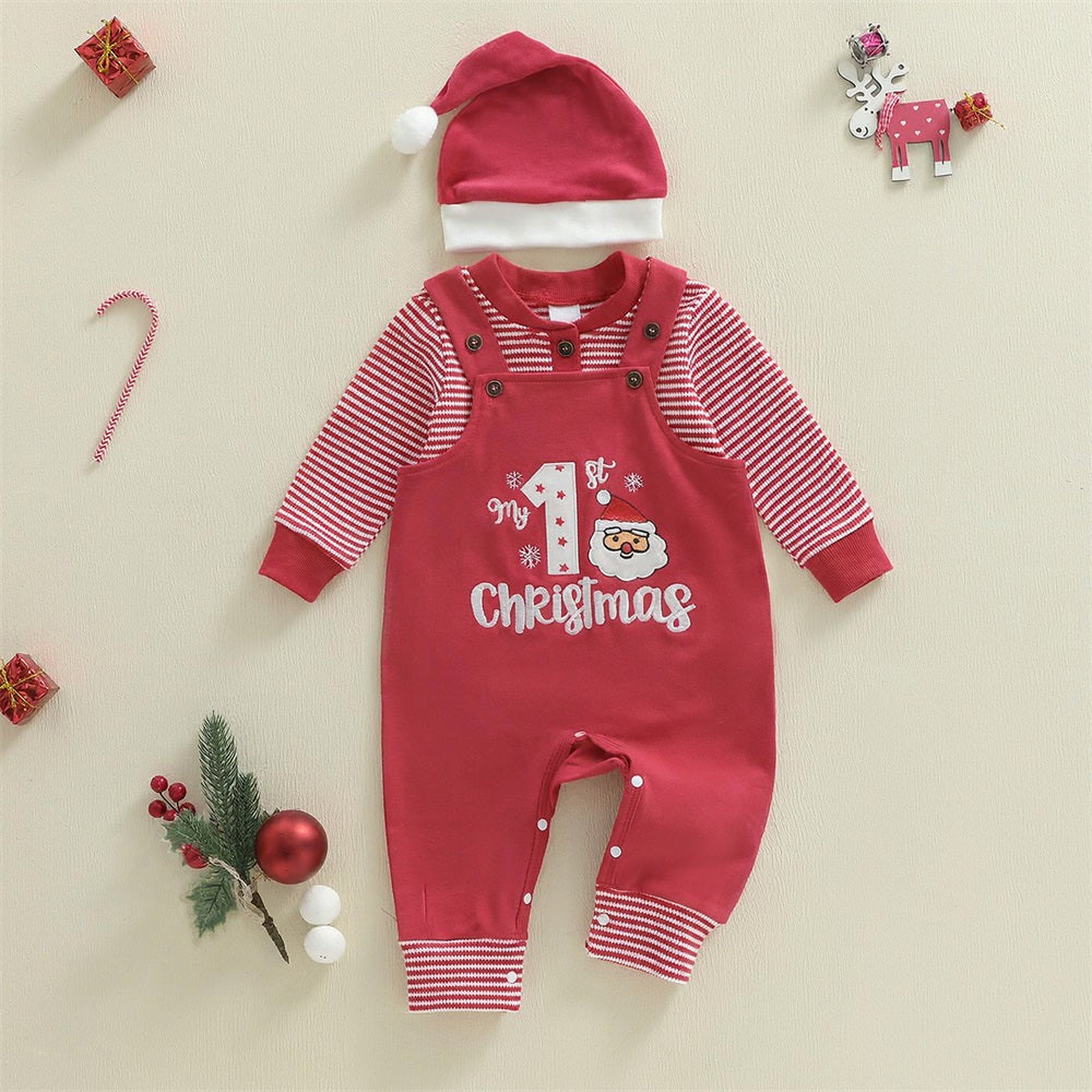 3PCS My First Christmas Letter Embroidery Stripe Print Baby Overalls Set
