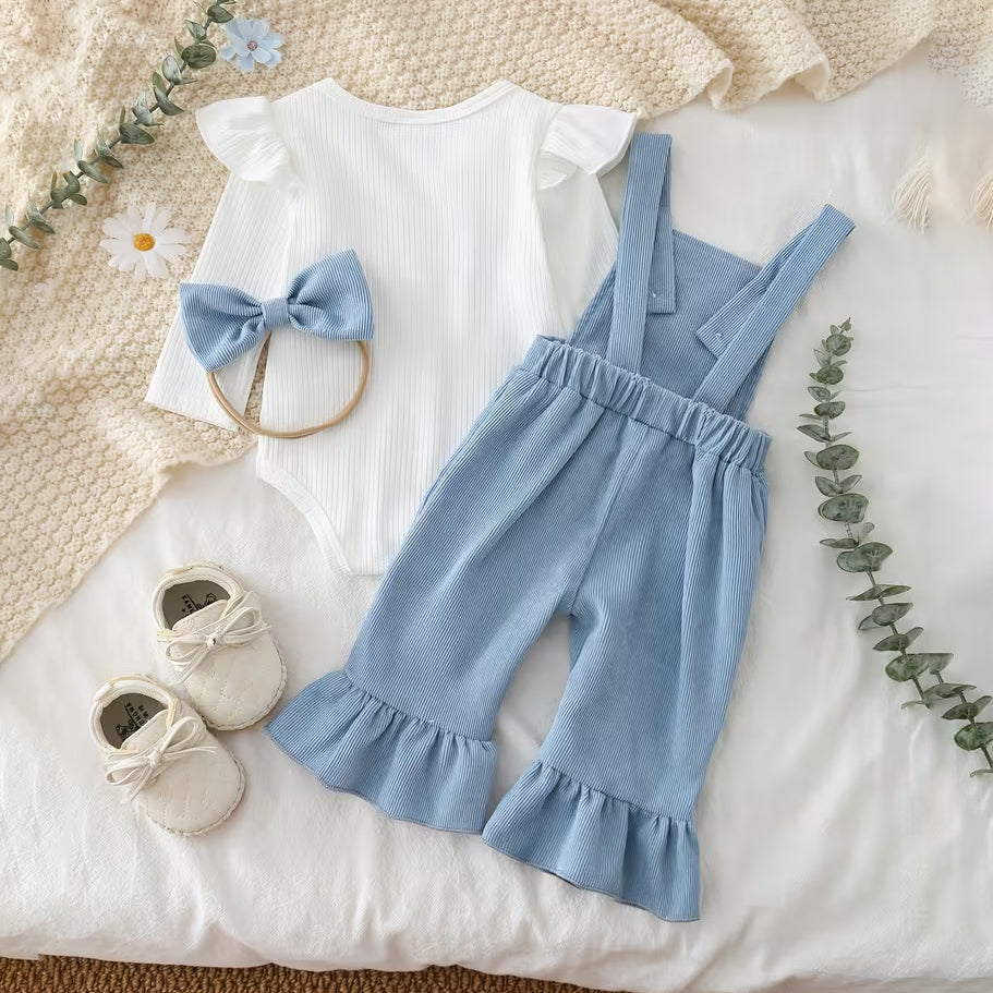 3PCS Sweet Floral Embroidered Long Sleeve Baby Corduroy Overalls Set