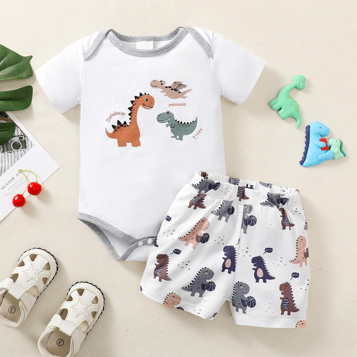 2PCS Cartoon Dinosaurs Printed Short Sleeve Baby Boy Set