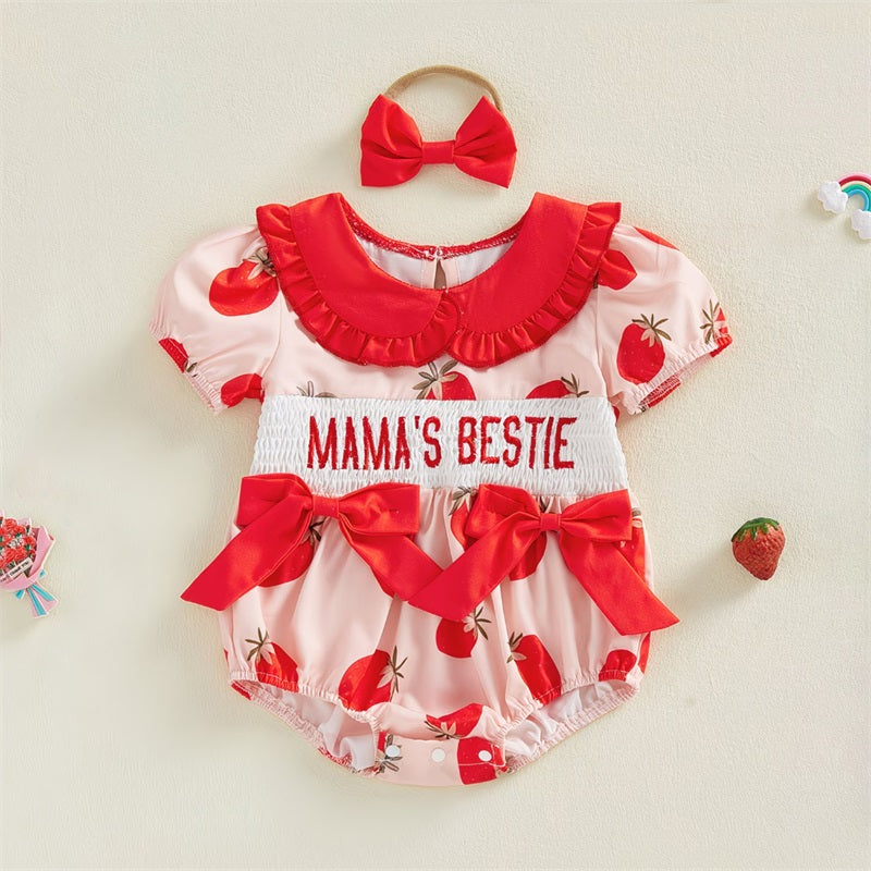 2PCS Mama's Bestie Letter Embroidery Strawberry Print Baby Romper