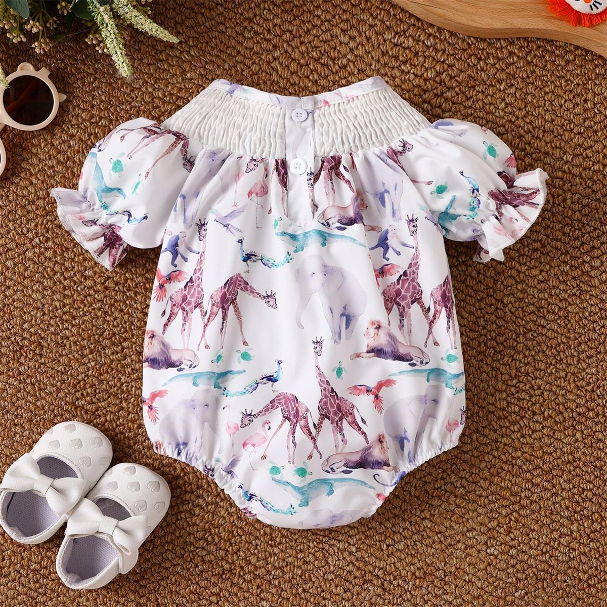 Casual Giraffe Printed Short Sleeve Baby Girl Romper