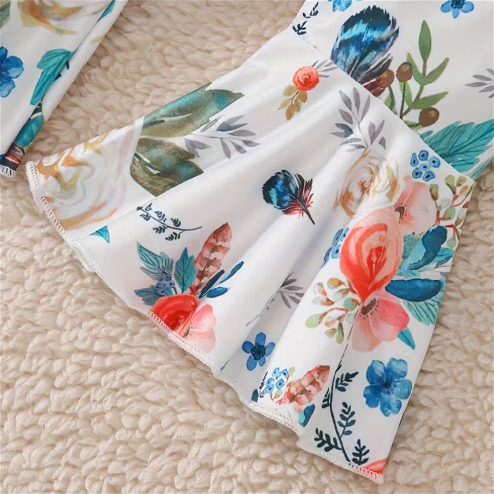 3PCS Stylish Floral Print Ribbed Bubble Sleeve Baby Set