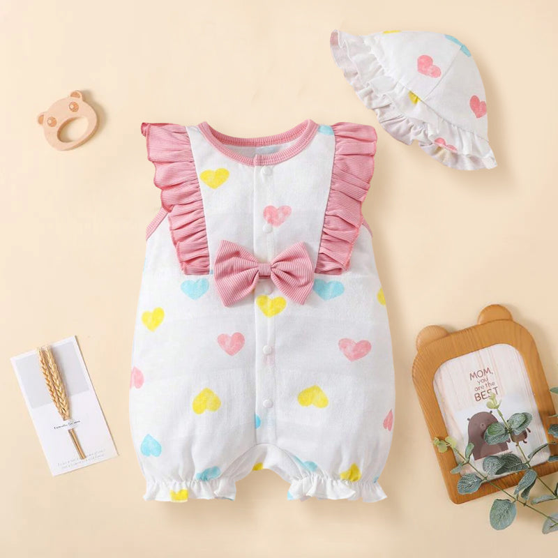 2PCS Cute Heart Printed Bow Decoration Sleeveless Baby Romper with Hat