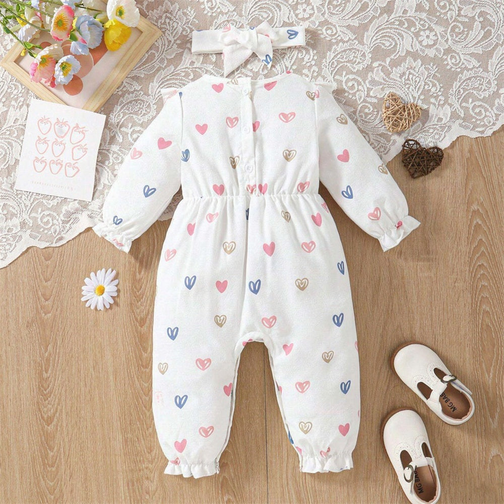 2PCS Lovely Allover Heart Printed Long Sleeve Jumpsuit