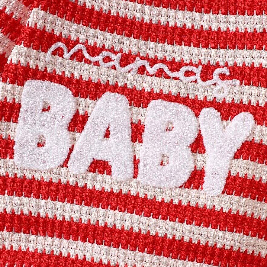 2PCS Mama's Baby Letter Applique Striped Knit Baby Christmas Jumpsuit