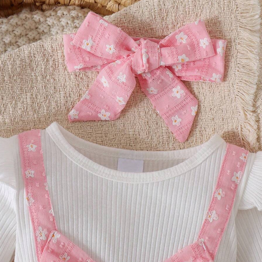 2PCS Mori Style Floral Print Bow Long Sleeve Baby Girl Jumpsuit