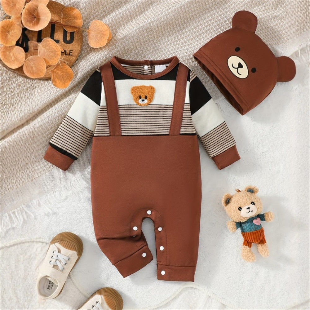 2PCS Cute Bear Embroidery Long Sleeve Baby Jumpsuit