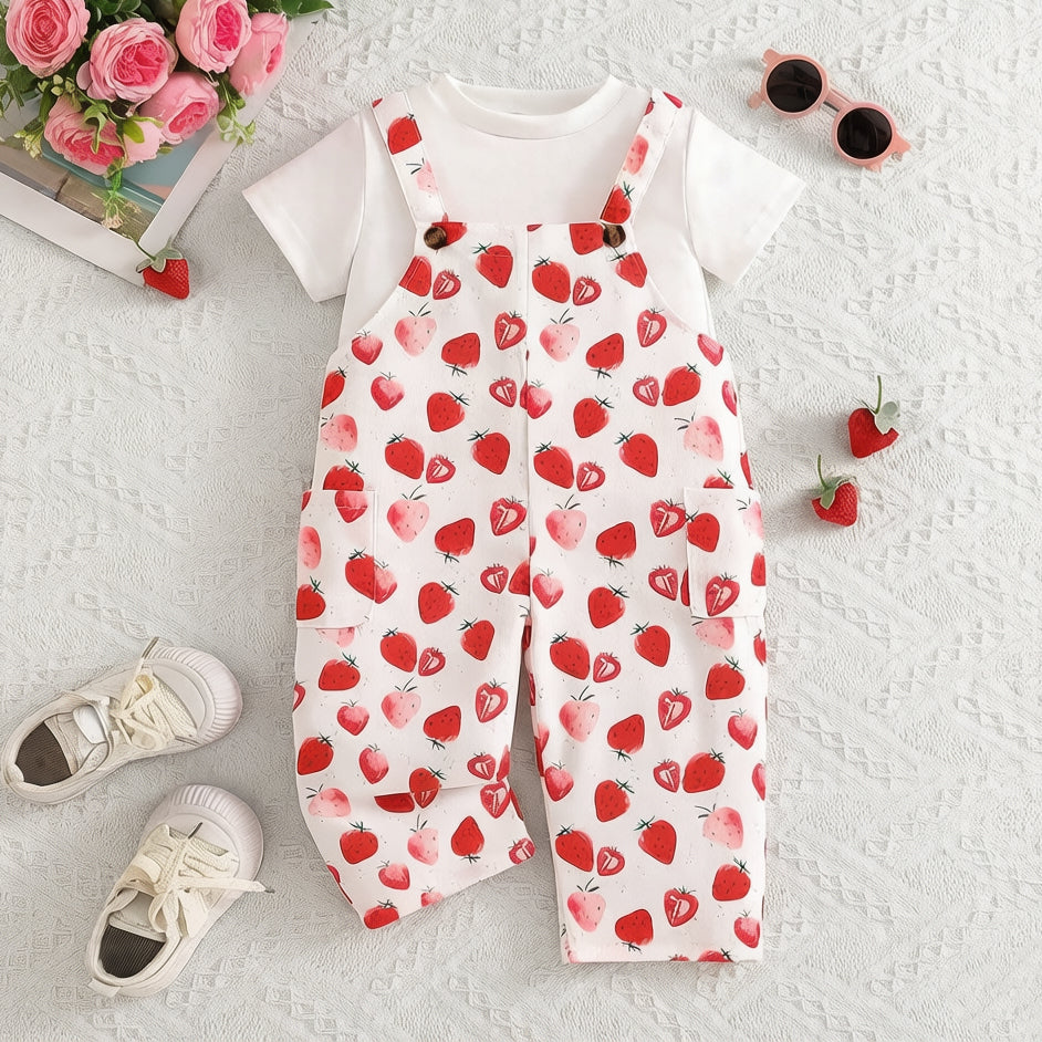 2PCS Cute Strawberry Print Short Sleeve Baby Set