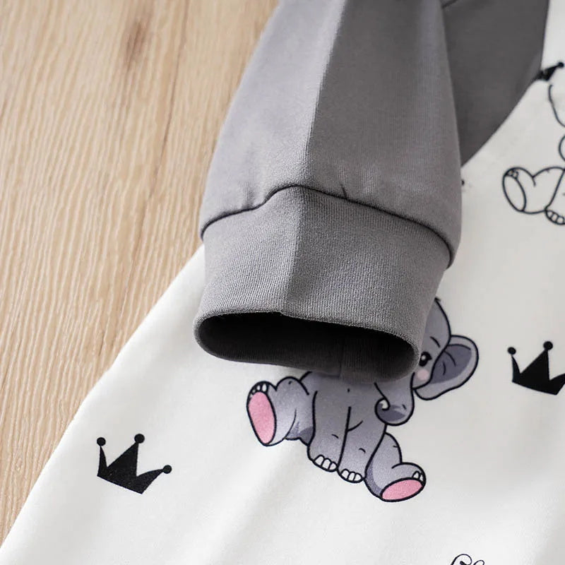 Casual Elephant King Print Long Sleeve Baby Jumpsuit