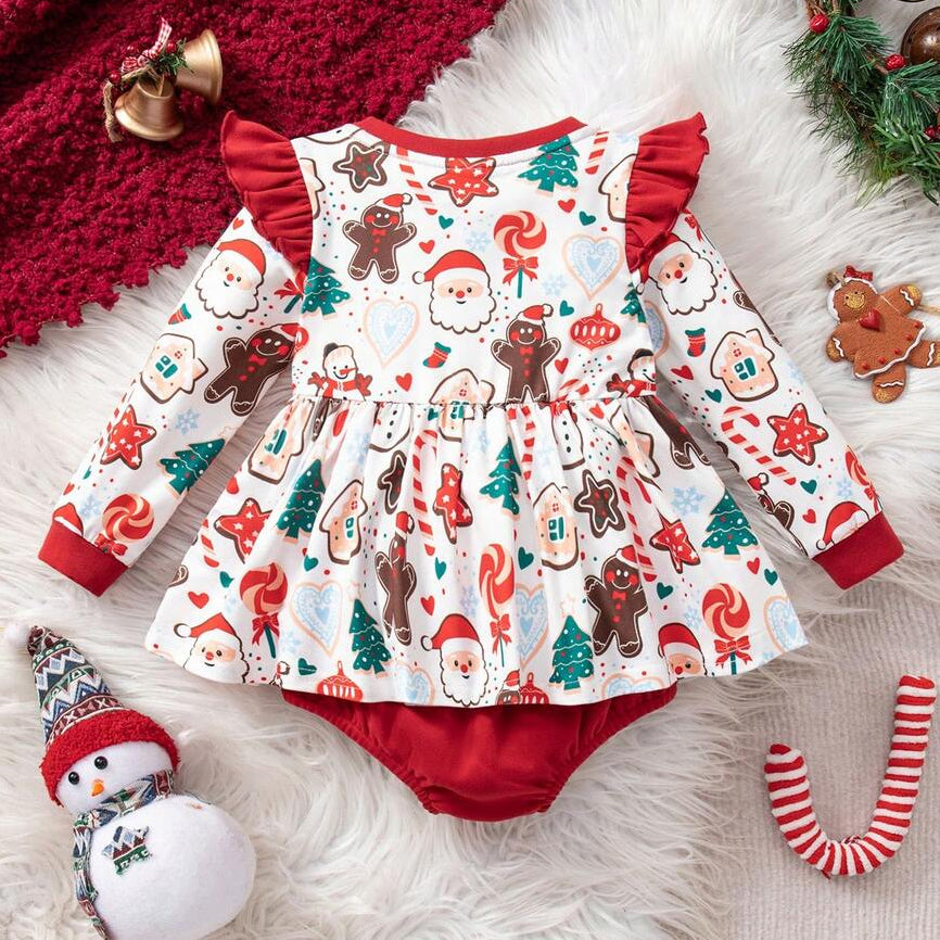 Lovely Christmas Print Bow Long Sleeve Baby Girl Romper