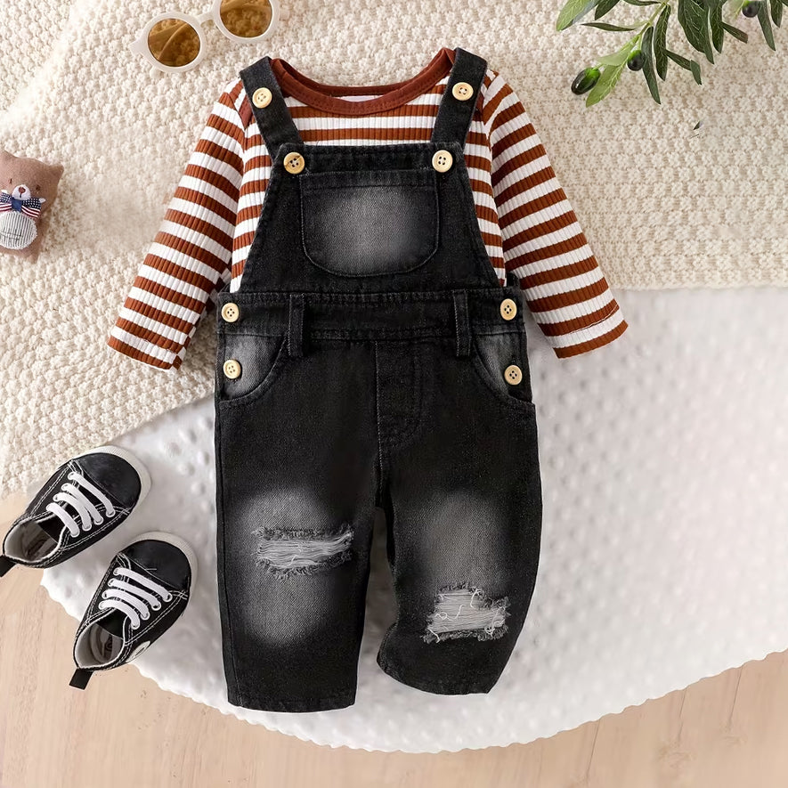 2PCS Stripe Print Denim Overalls Baby Set