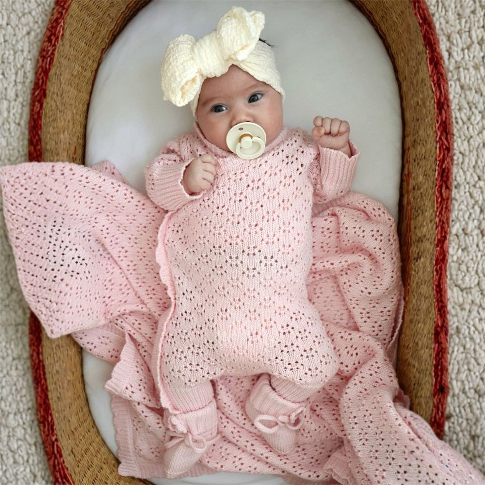 Vintage Knit Solid Color Hollow Out Long Sleeve Baby Jumpsuit