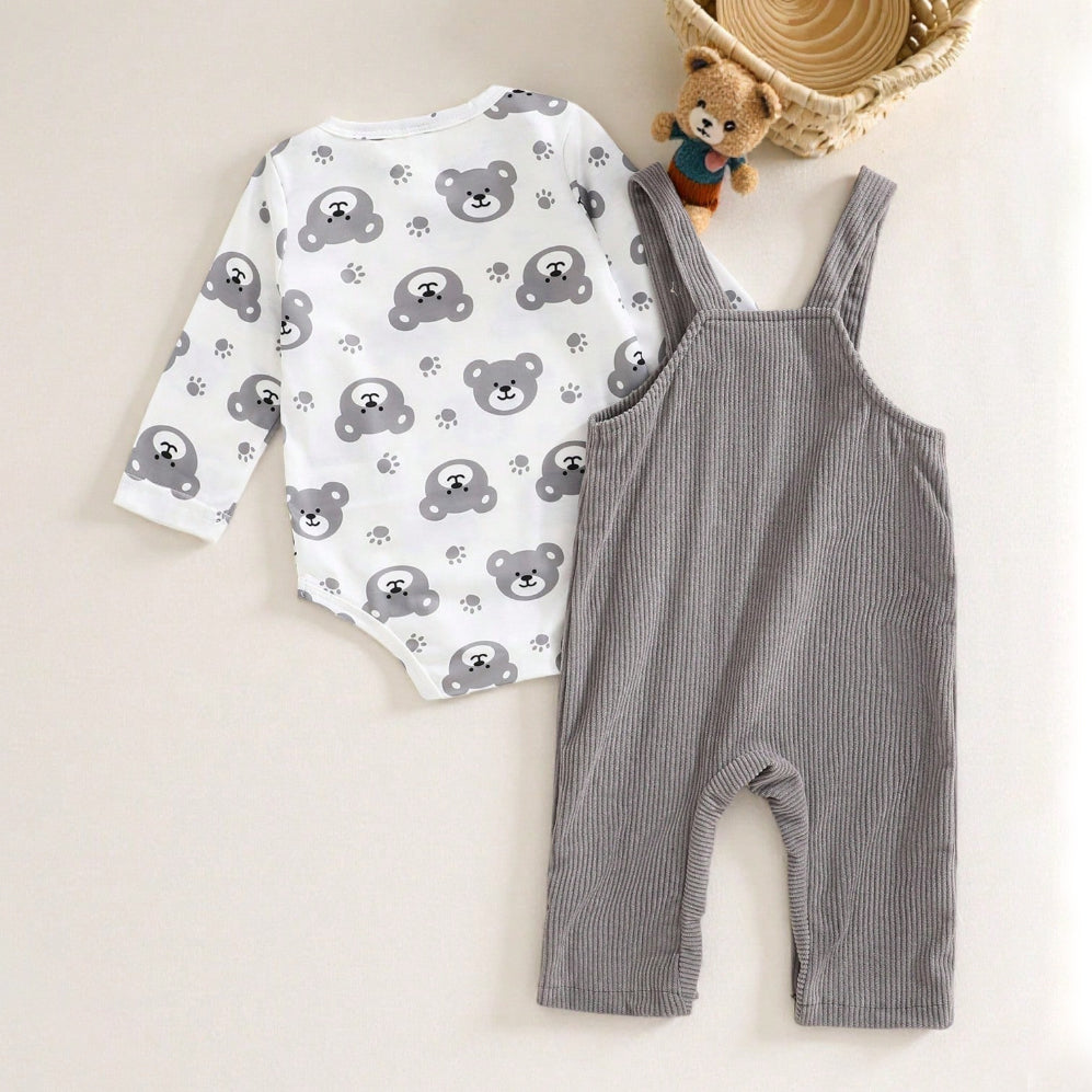 2PCS Mama's Little Man Letter Bear Print Overalls Baby Set
