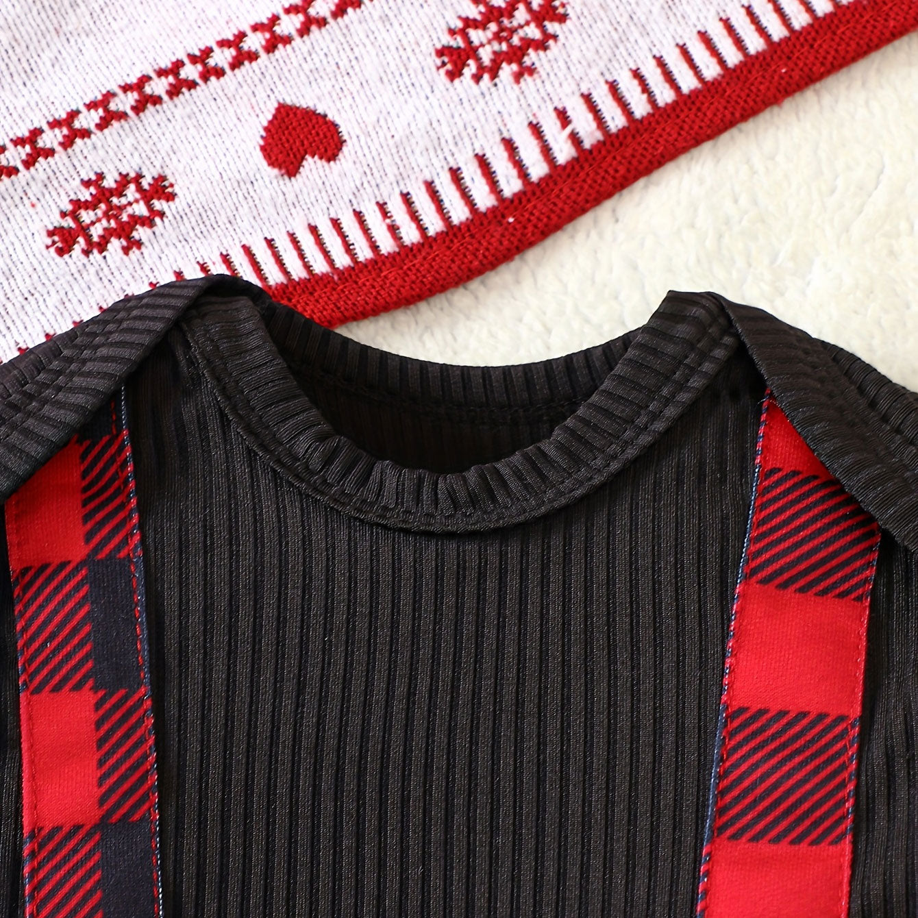 3PCS Christmas Santa Claus Appliqué Plaid Print Long Sleeve Baby Set