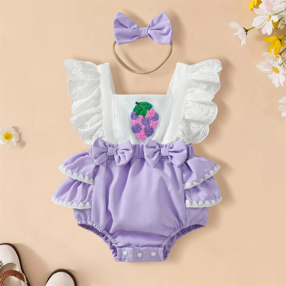 2PCS Cute Grape Embroidery Lace Fly Sleeve Baby Romper