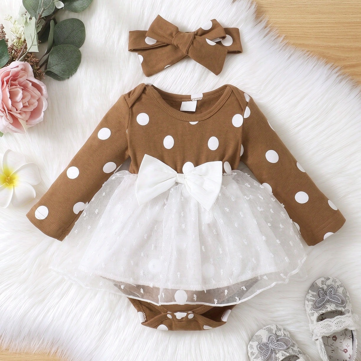 2PCS Lovely Polka Dots Printed Long Sleeve Baby Romper