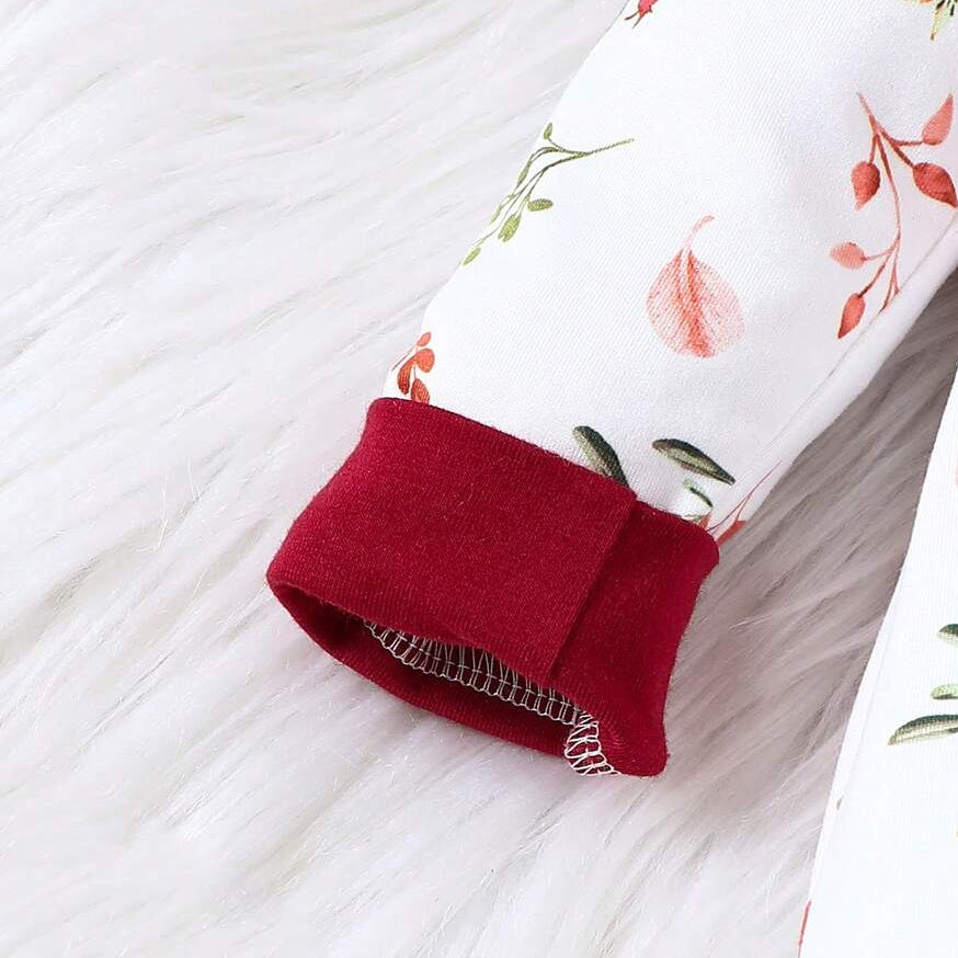 2PCS Allover Leaf Print Long Sleeve Baby Girl Jumpsuit
