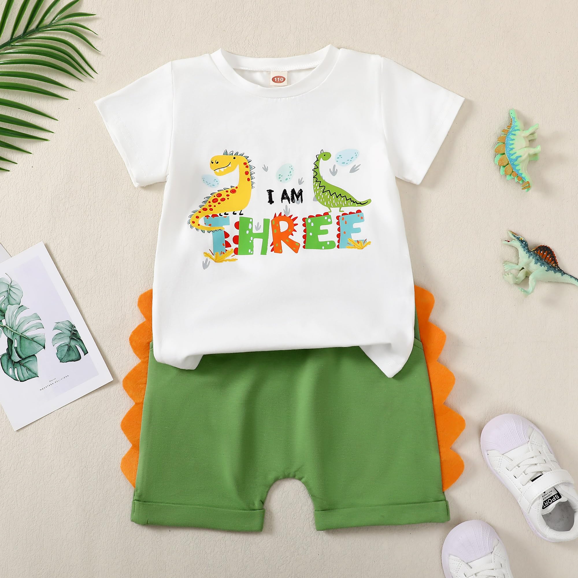 2PCS I Am Three Letter Dinosaur Printed Baby Set
