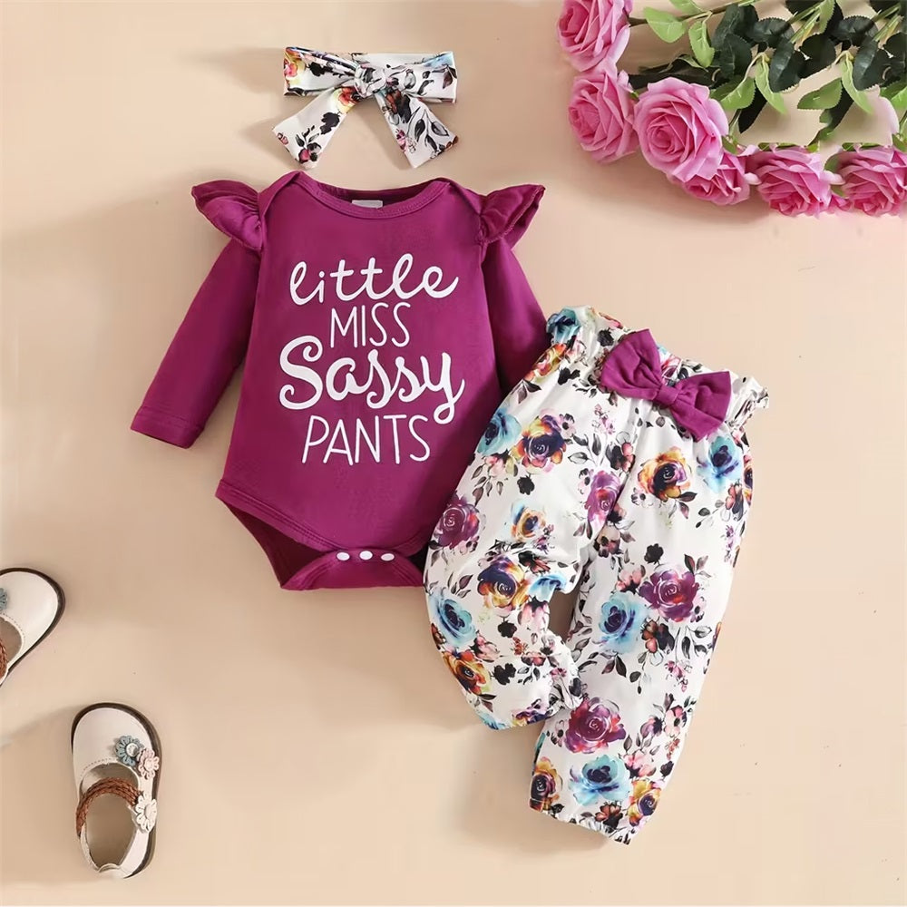 3PCS Little Miss Sassy Pants Letter Floral Print Long Sleeve Baby Set