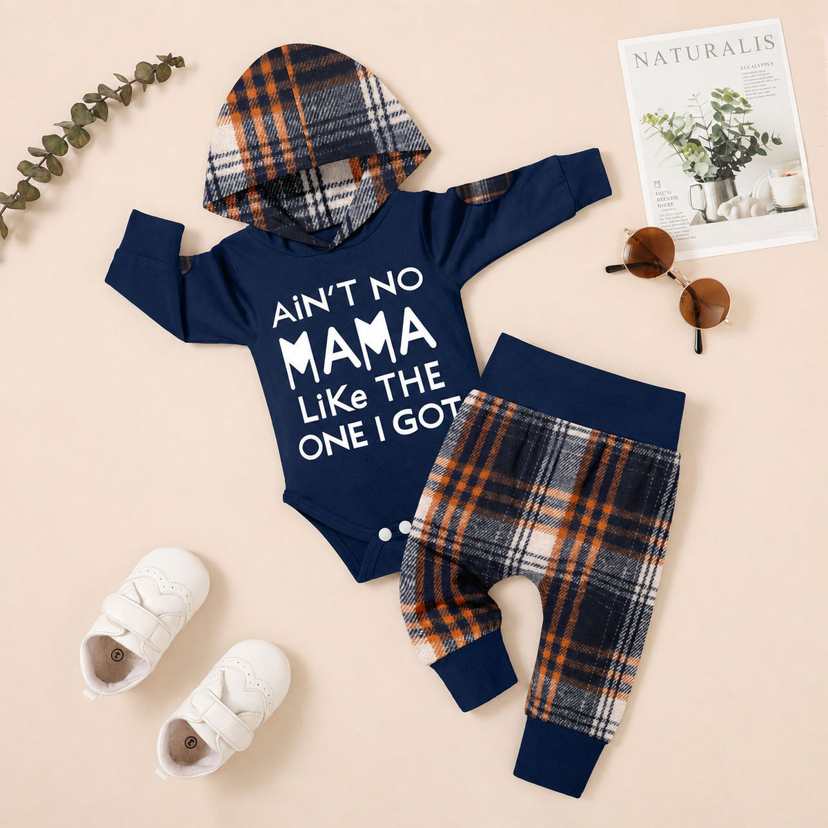 2PCS Cozy Ain't No Mama Letter Plaid Print Hoodie Long Sleeve Baby Set
