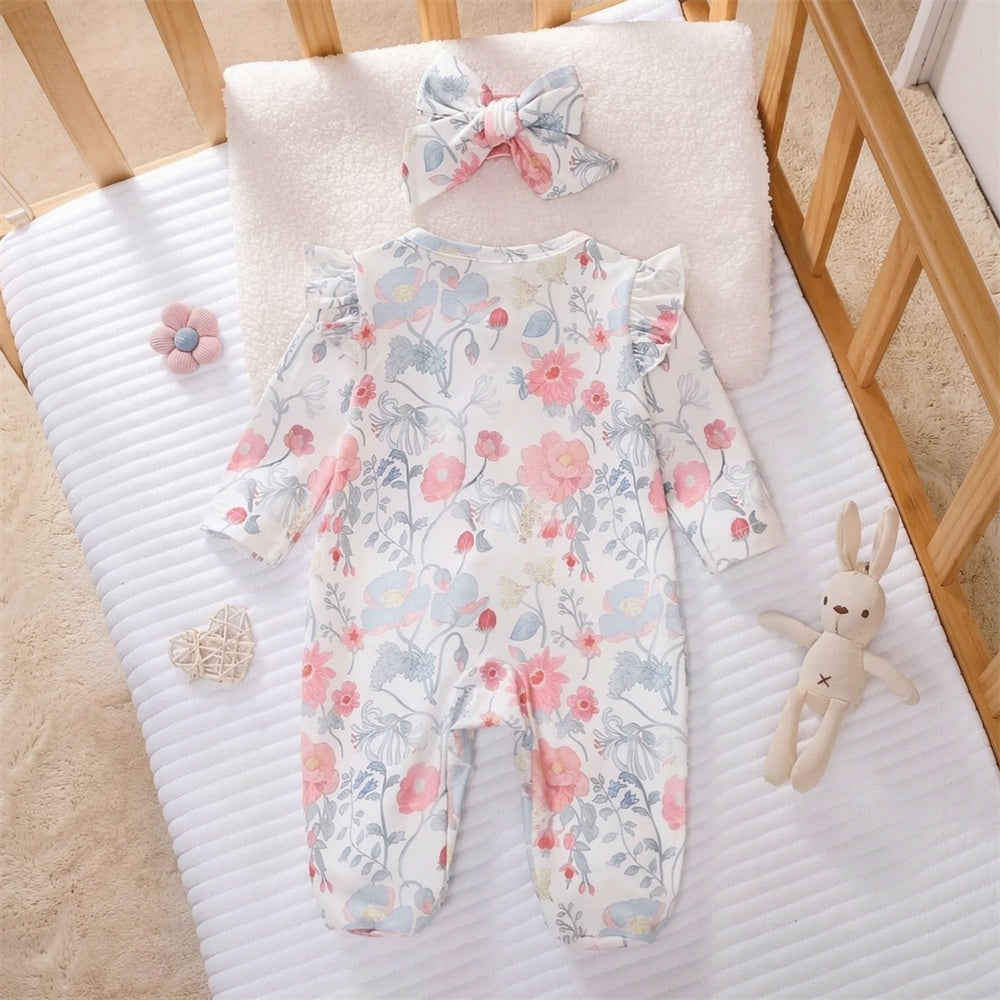 2PCS Elegant Floral Printed Ruffle Decor Zipper Baby Jumpsuit