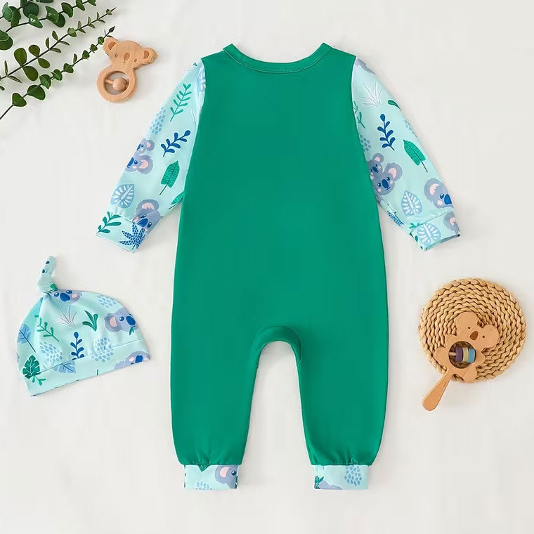 2PCS Adorable Koala and Plant Print Long Sleeve Baby Jumpsuit