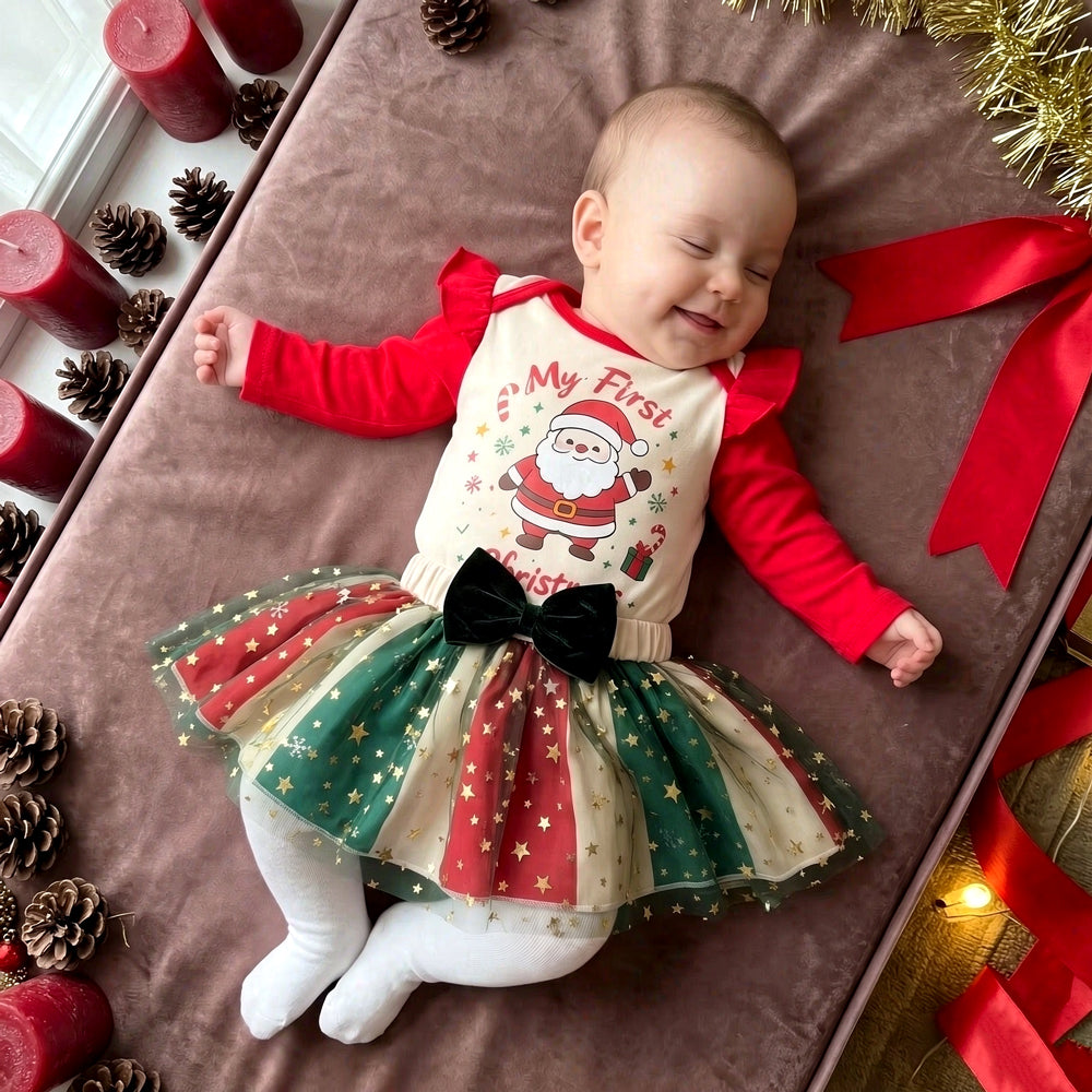 2PCS Sweet My First Christmas Letter Santa Print Tulle Baby Girl Set