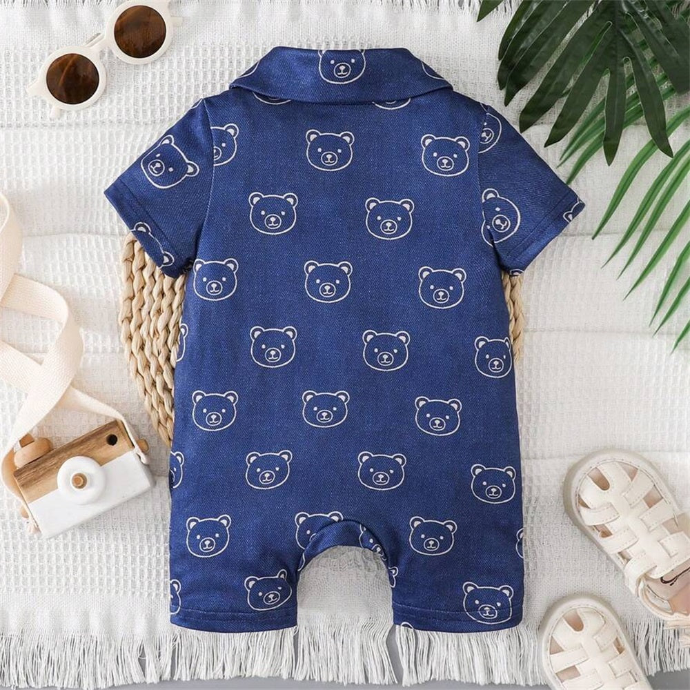 Cute Bear Printed Denim Short Sleeve Baby Jumpsuit
