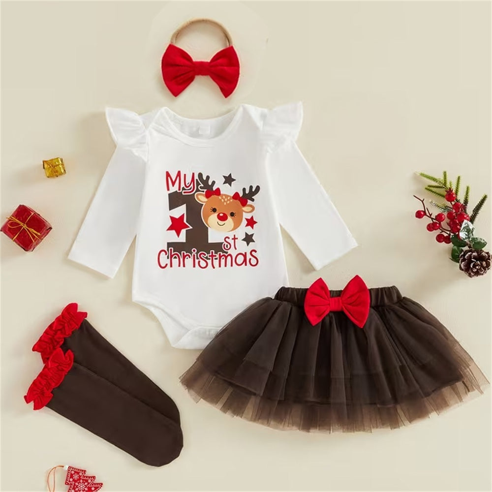 4PCS Sweet My 1st Christmas Letter Elk Print Baby Girl Set
