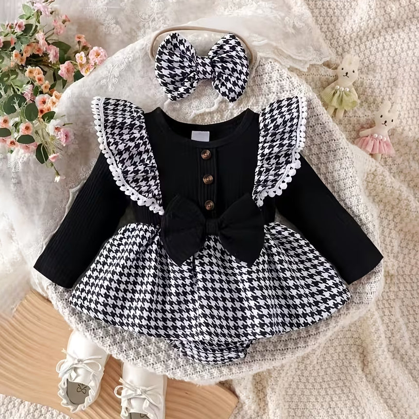2PCS Lovely Houndstooth Printed Baby Romper