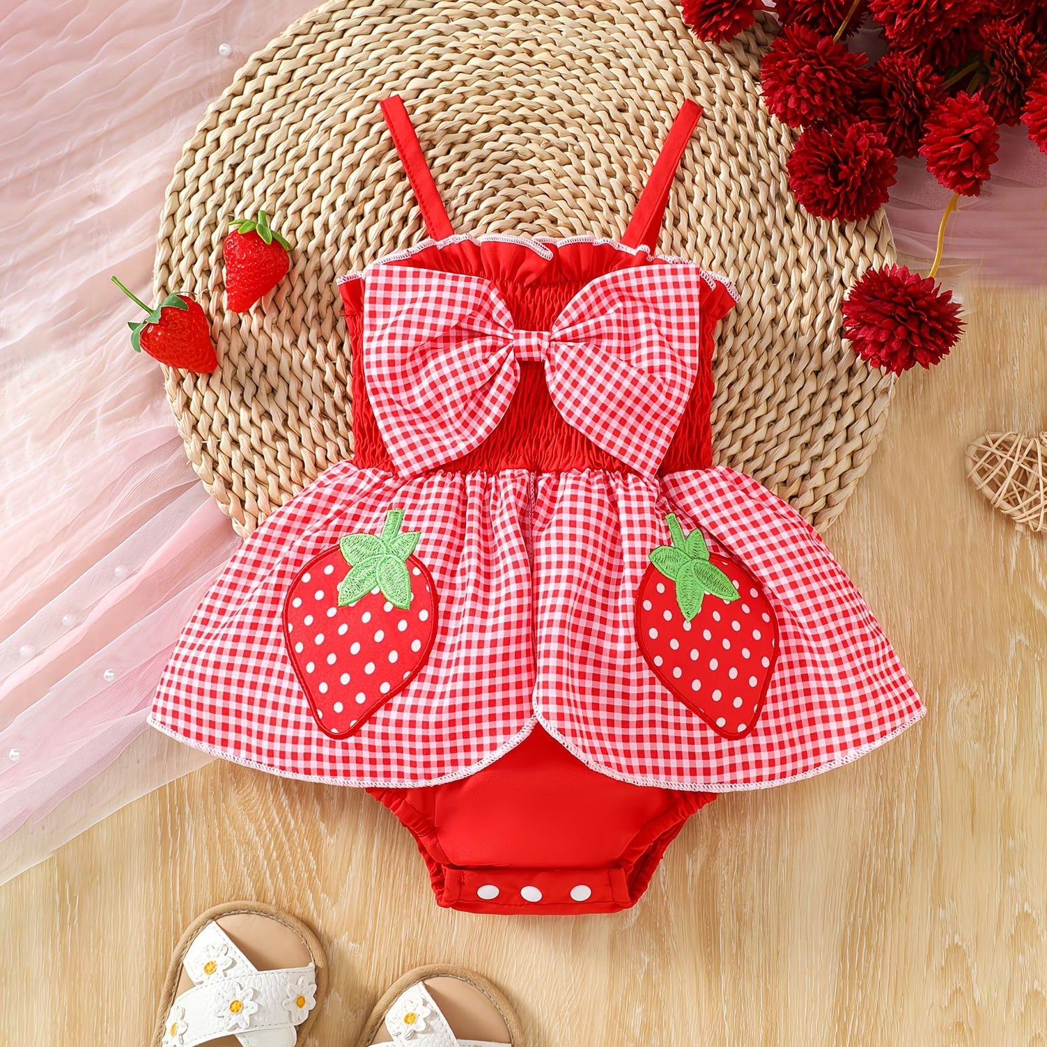 Lovely Plaid Printed Strawberry Embroidery Sleeveless Baby Romper